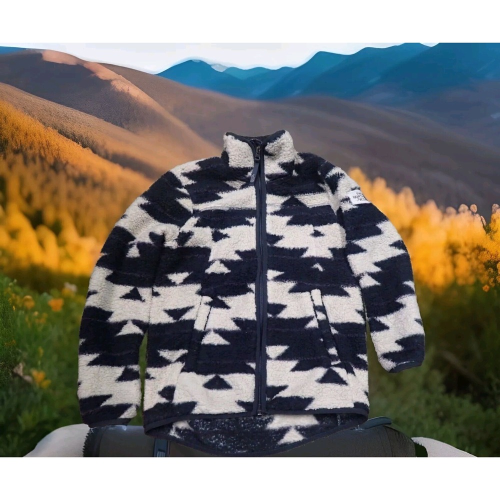 The North Face Fleece Jacket Girl Medium 10/12 Black White Aztec Sherpa Full Zip